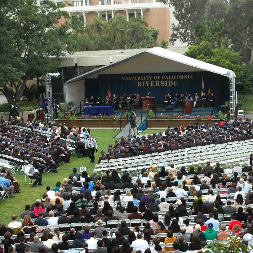 An aerial photo of a graduation ceremony on a UCR lawn